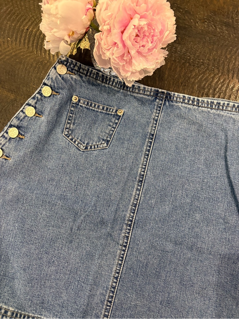 Classic Blue Denim mini (16”) skirt with Button Detail